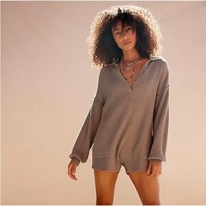 Free People Waffle Knit Picnic Sweater Romper Long Sleeve Pockets Womens Small